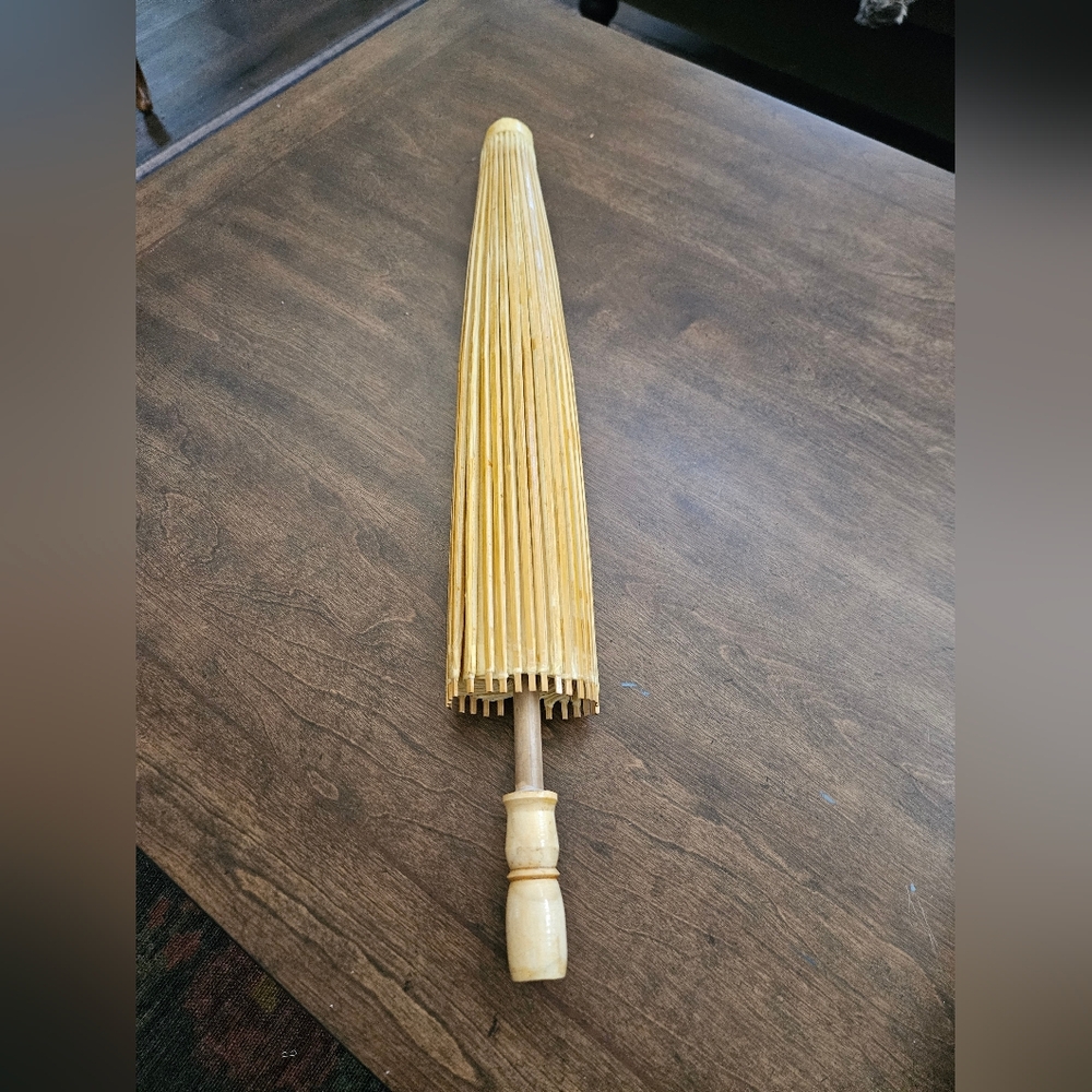 Vintage Asian Rice Paper Oriental Umbrella Parasol Bamboo Handle